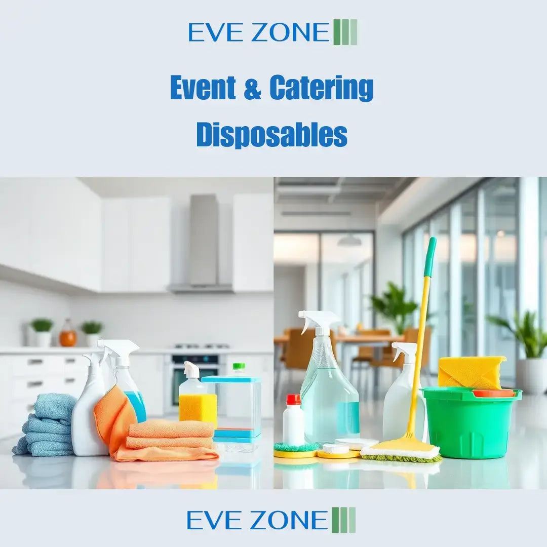 Professional cleaning products australia including spray bottles, sponges, mop, gloves, and cleaning cloths on kitchen counter