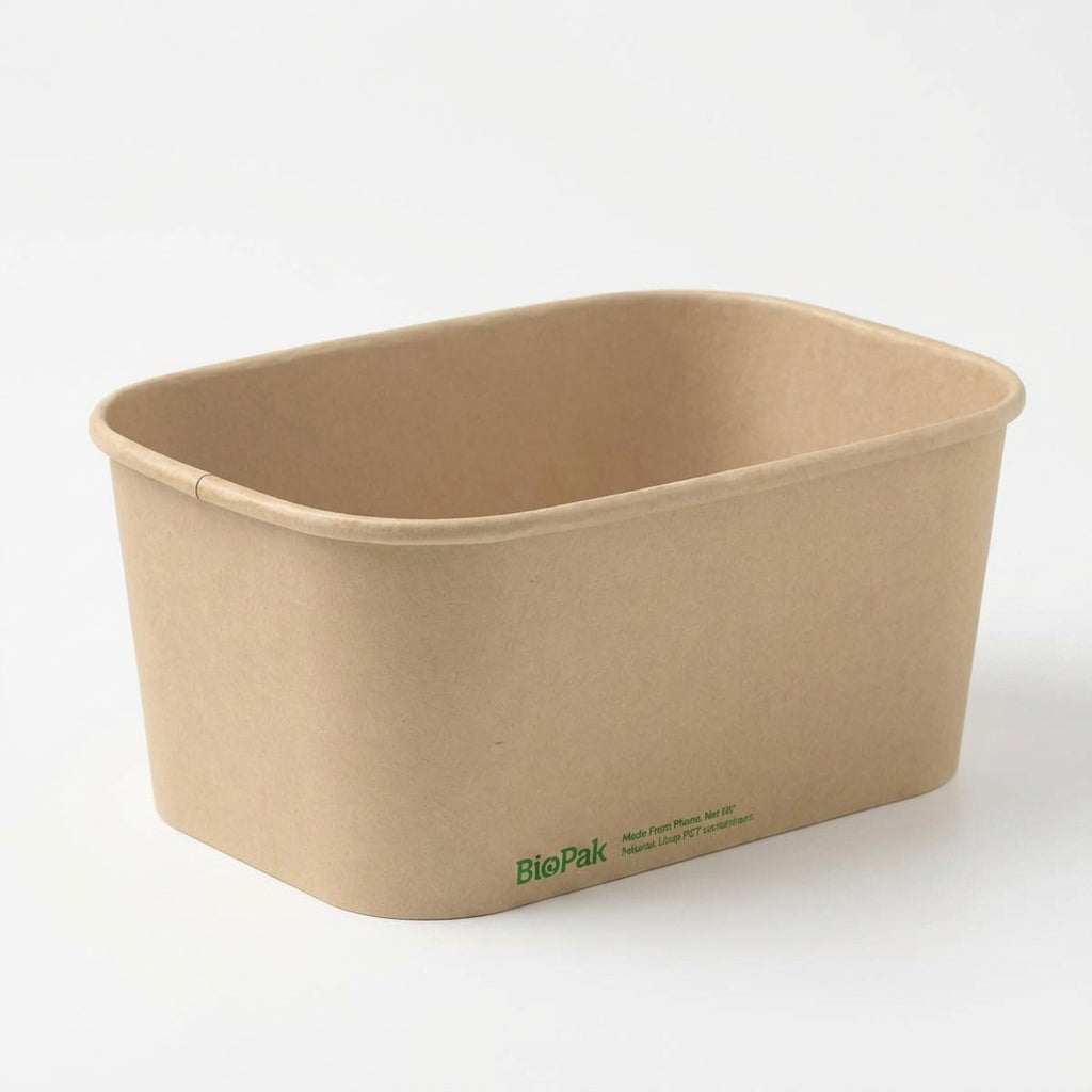 1000ml Kraft BioBoard rectangular takeaway food container base made from FSC certified paper.