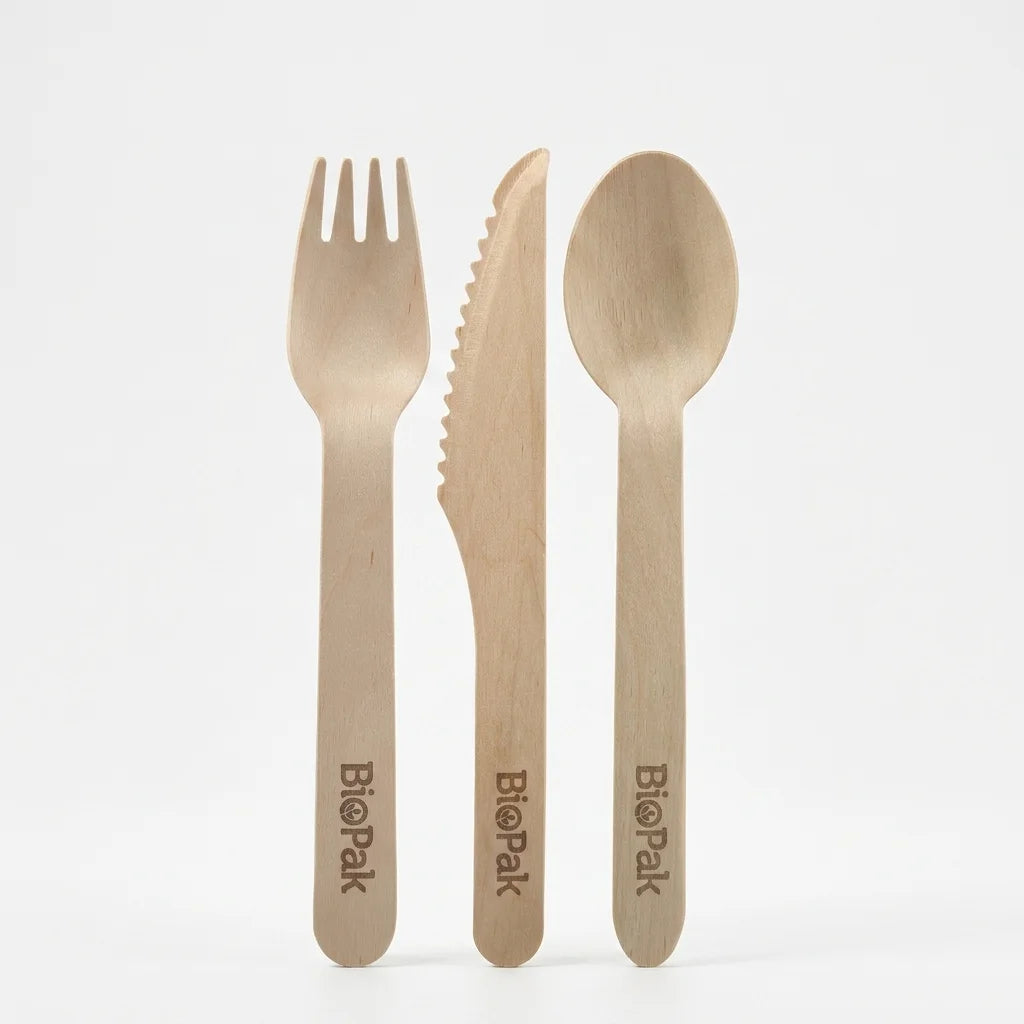 16cm wrapped wooden cutlery set containing a birchwood knife fork spoon and recycled paper napkin for takeaway hygiene.