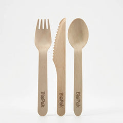 16cm wrapped wooden cutlery set containing a birchwood knife fork spoon and recycled paper napkin for takeaway hygiene.