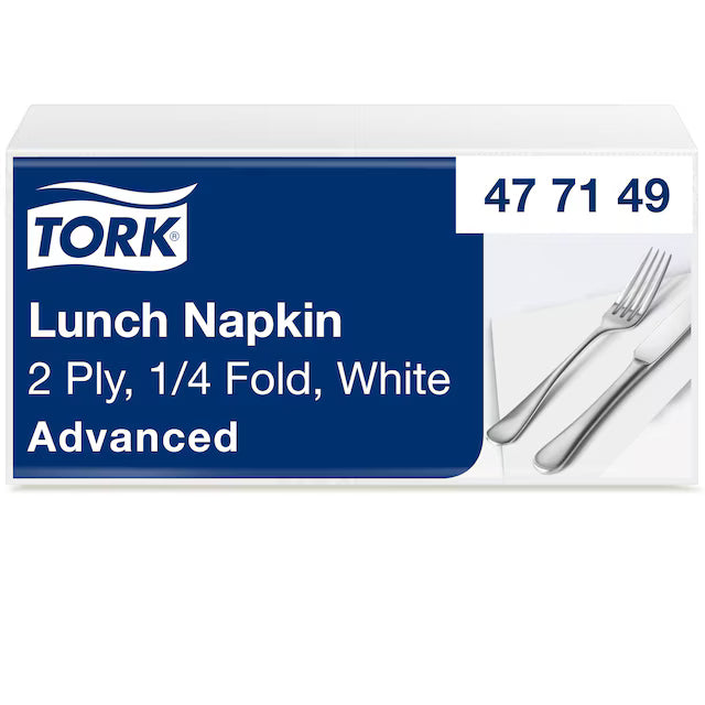 Tork Lunch Napkin 3 Ply, 1/4 Fold, White Advanced pack, featuring a blue and white box with a graphic of a fork and knife on a napkin.