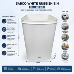 A white square rubbish bin with a lidless top opening, shown on a light blue infographic background with dimensions, features, and usage icons. The text at the top reads 'SABCO WHITE RUBBISH BIN 50L - NO LID'.