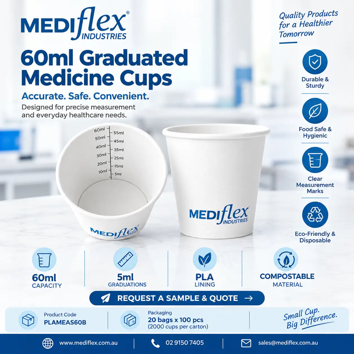 A promotional graphic for Mediflex Industries 60ml graduated medicine cups. The image shows two white paper cups with blue printed branding and measurement markings, set against a clean, light blue and white background with various feature icons and contact details.