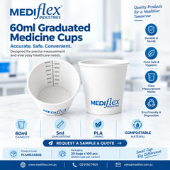 A promotional graphic for Mediflex Industries 60ml graduated medicine cups. The image shows two white paper cups with blue printed branding and measurement markings, set against a clean, light blue and white background with various feature icons and contact details.