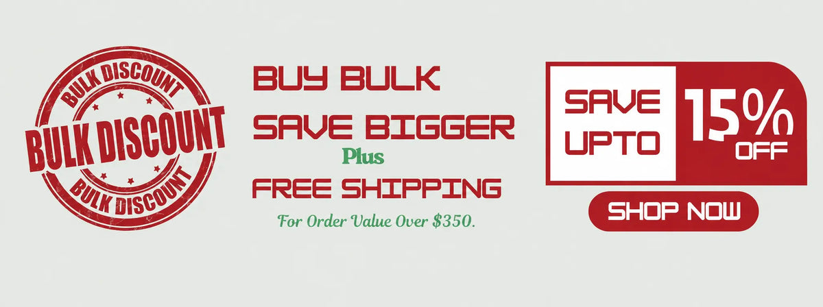 Promotional banner with bulk discount offer, save up to 15% off, and free shipping on a light gray background.