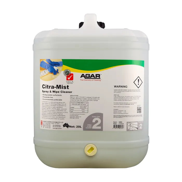 A 20L white plastic canister of AGAR Citra-Mist Spray & Wipe Cleaner, featuring a green and white label with product details and a yellow spout cap.