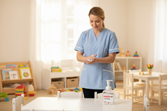 Person in a blue scrub top standing in a classroom setting with educational materials and a bottle of hand sanitizer.