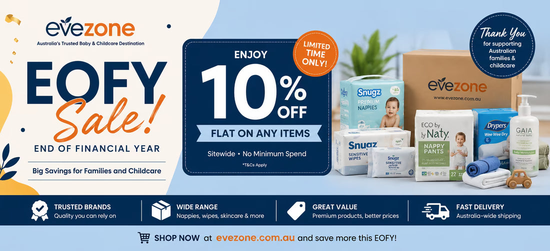 Evezone EOFY Sale advertisement with discounts and product display.