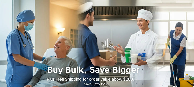 Hospital setting with medical staff and a chef, promoting bulk buying and free shipping offer.