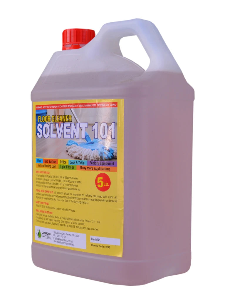 Concentrated Solvent 101 floor cleaning solution being diluted in a yellow bucket 5 ltr