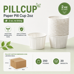 A stack of white paper pill cups and one loose cup on a light background, with text reading 'PILLCUP Paper Pill Cup 2oz' and feature icons for 800SM white paper, safe & hygienic, and 2 oz no lining.