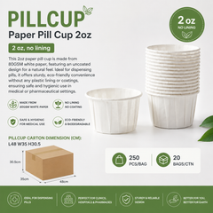 A 2 oz paper pill cup with no lining, made from uncoated BOMSM white paper. The image shows a stack of white paper cups, a single cup in the center, and dimension and quantity information on a light gray background with green accents.