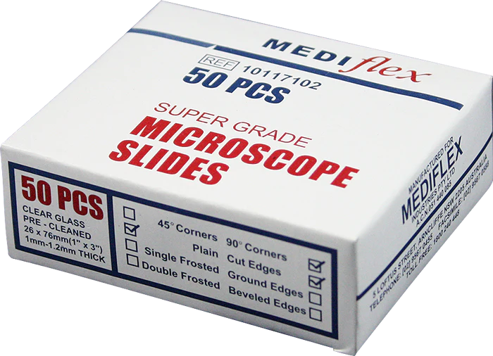 Box of Mediflex super grade microscope slides on a white background
