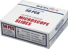 Box of Mediflex super grade microscope slides on a white background
