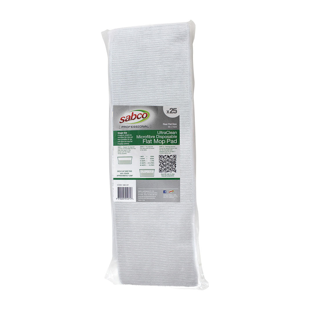 UltraClean Microfibre Disposable Flat Mop Pads - White - 25PK – Carton of 6 | Sabco Professional