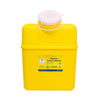 Yellow medical sharps waste container with a white lid on a white background