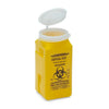 Yellow biohazard disposal container with a white lid on a white background