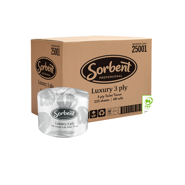 Sorbent Professional luxury 3 ply toilet tissue packaging on a white background