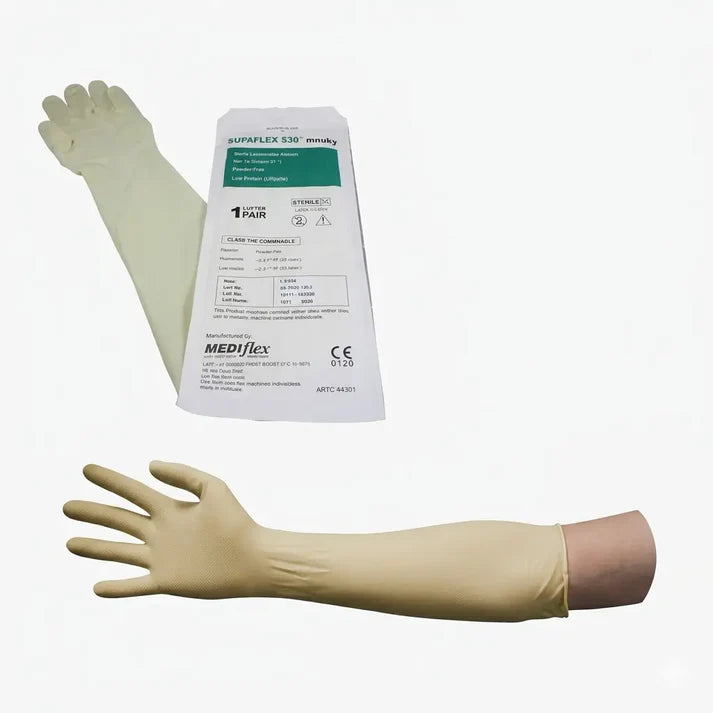 Beige rubber gloves with a MEDIflex packaging on a white background