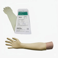 Beige rubber gloves with a MEDIflex packaging on a white background