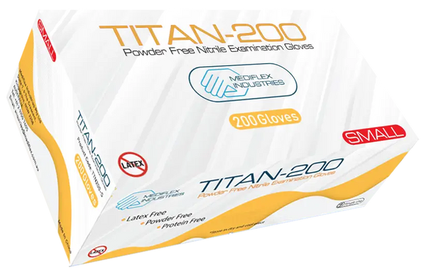 Box of Titan-200 gloves with Medflex Industries branding on a white background available at Eve zone Australia