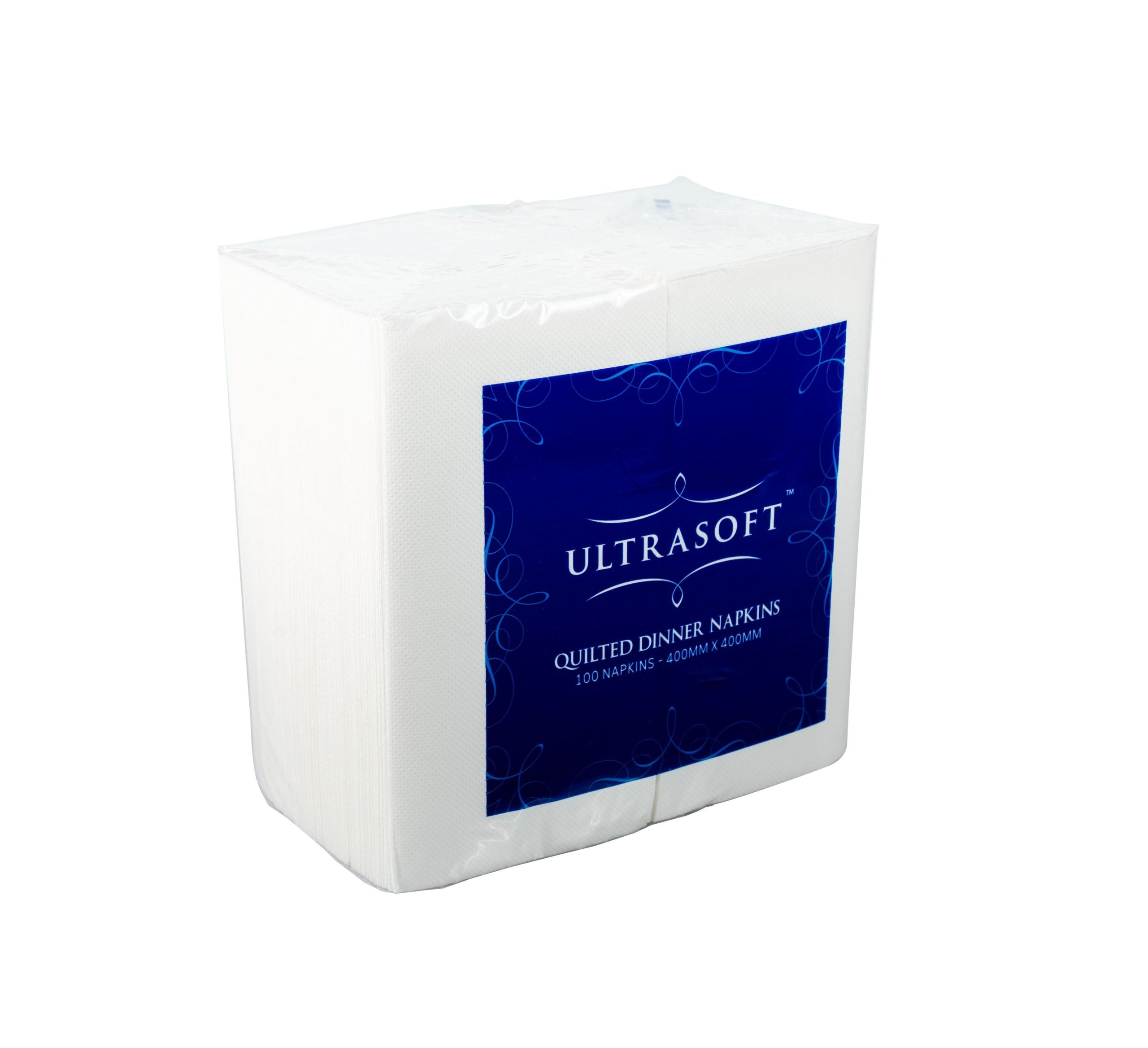 Pack of Ultrasoft quilted dinner napkins with a blue label on a white  background. Available at Evezone.