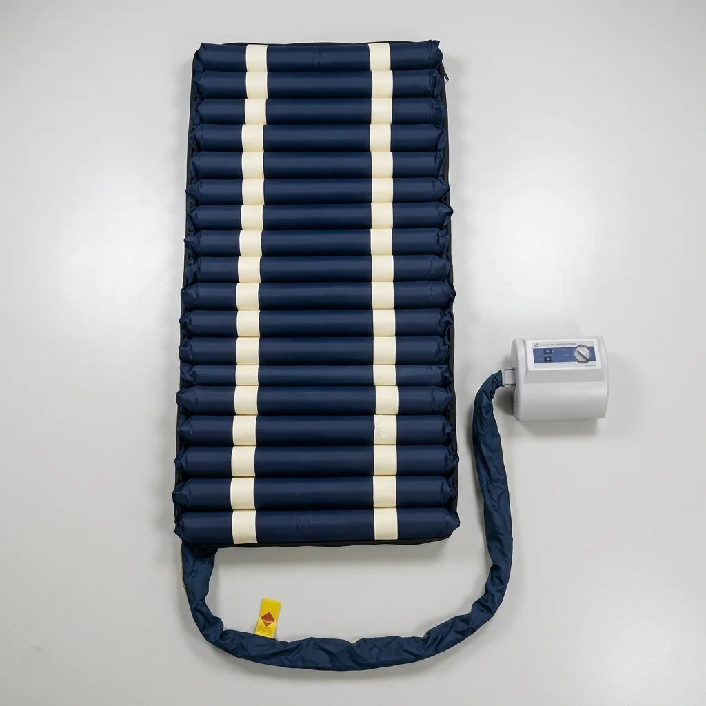 Forté Airmonte A5000 alternating air mattress overlay system for pressure injury prevention, placed on a hospital bed base.