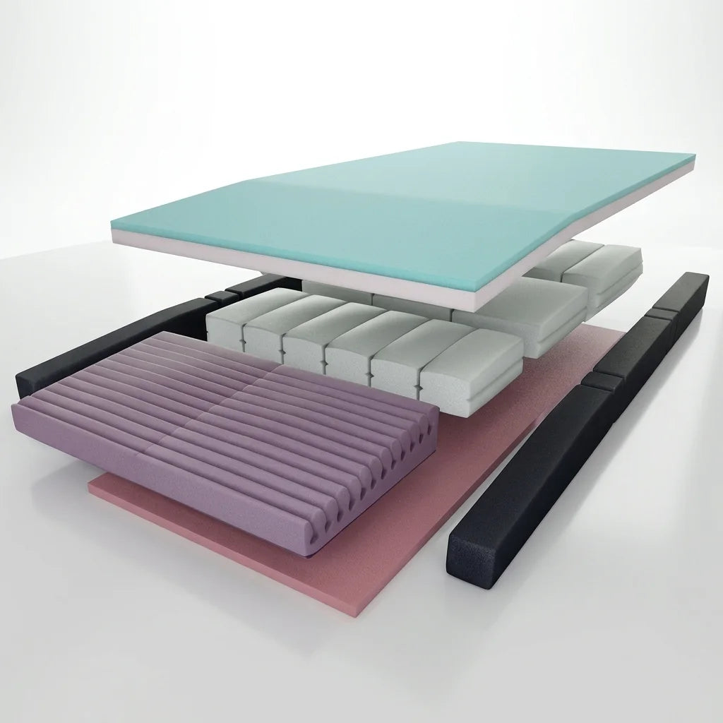 Side profile diagram of the Forté Alaise mattress highlighting the integrated 5-degree heel slope for targeted ankle and foot pressure relief.