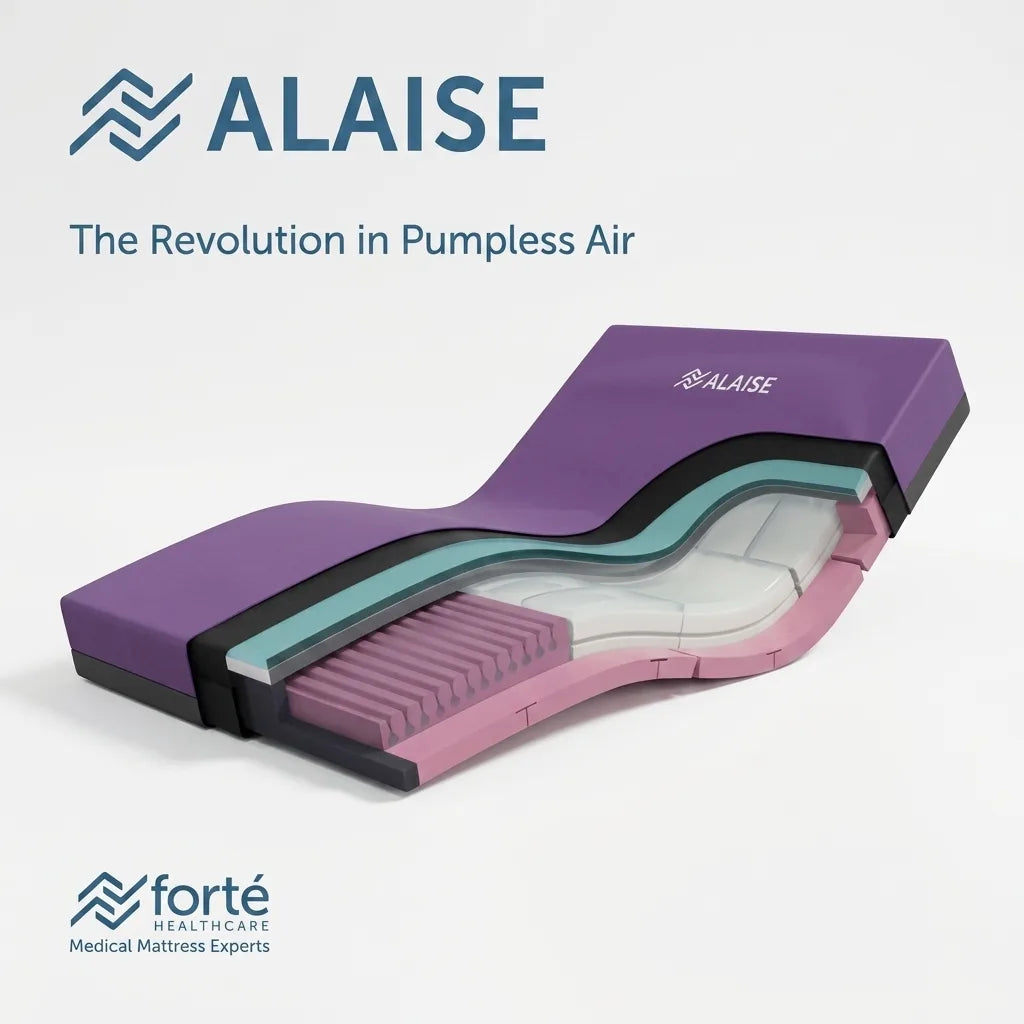 Forté Alaise pumpless air hybrid mattress, self adjusting non powered pressure injury prevention system for high risk medical care.
