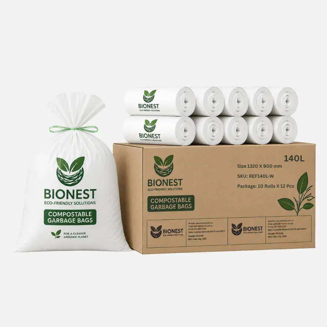 Bionest 140L heavy-duty compostable garbage bags and retail box packaging for commercial waste management