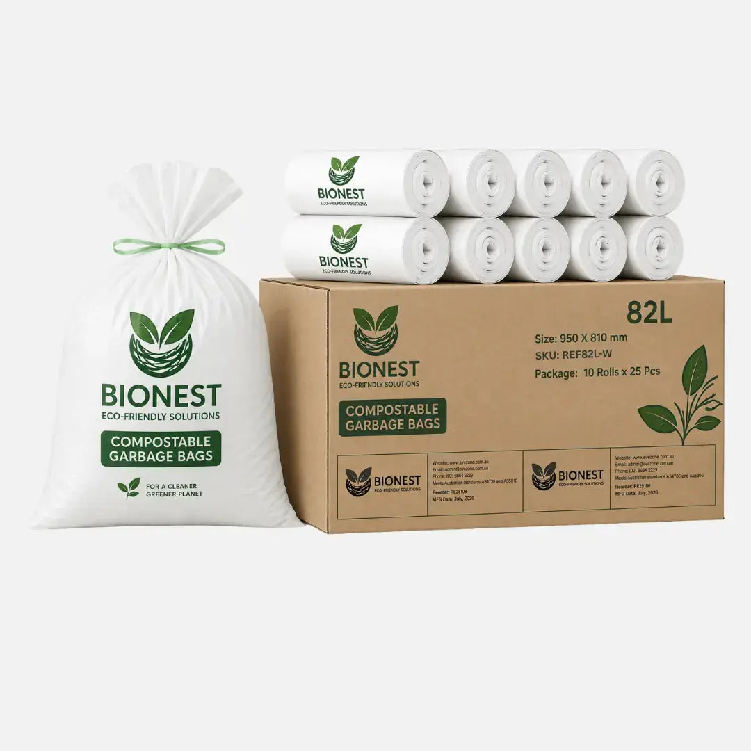 Bionest 82L compostable garbage bags box and rolls showing eco-friendly bin liners in bulk packaging