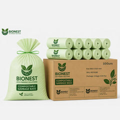 Bionest REF5198 green 100um compostable garbage bags package featuring 100um thickness and bulk rolls