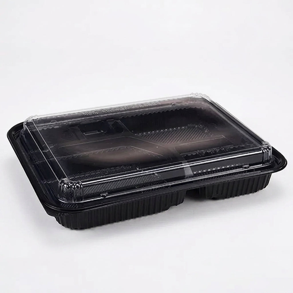 Black 5 compartment bento tray with lid for restaurant takeaway and food delivery packaging