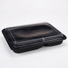 Black 5 compartment bento tray with lid for restaurant takeaway and food delivery packaging