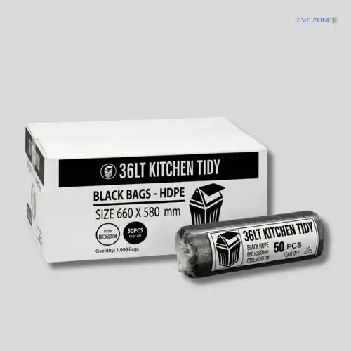 Black kitchen tidy bin liners 36L heavy duty HDPE garbage bags for kitchen and office waste disposal