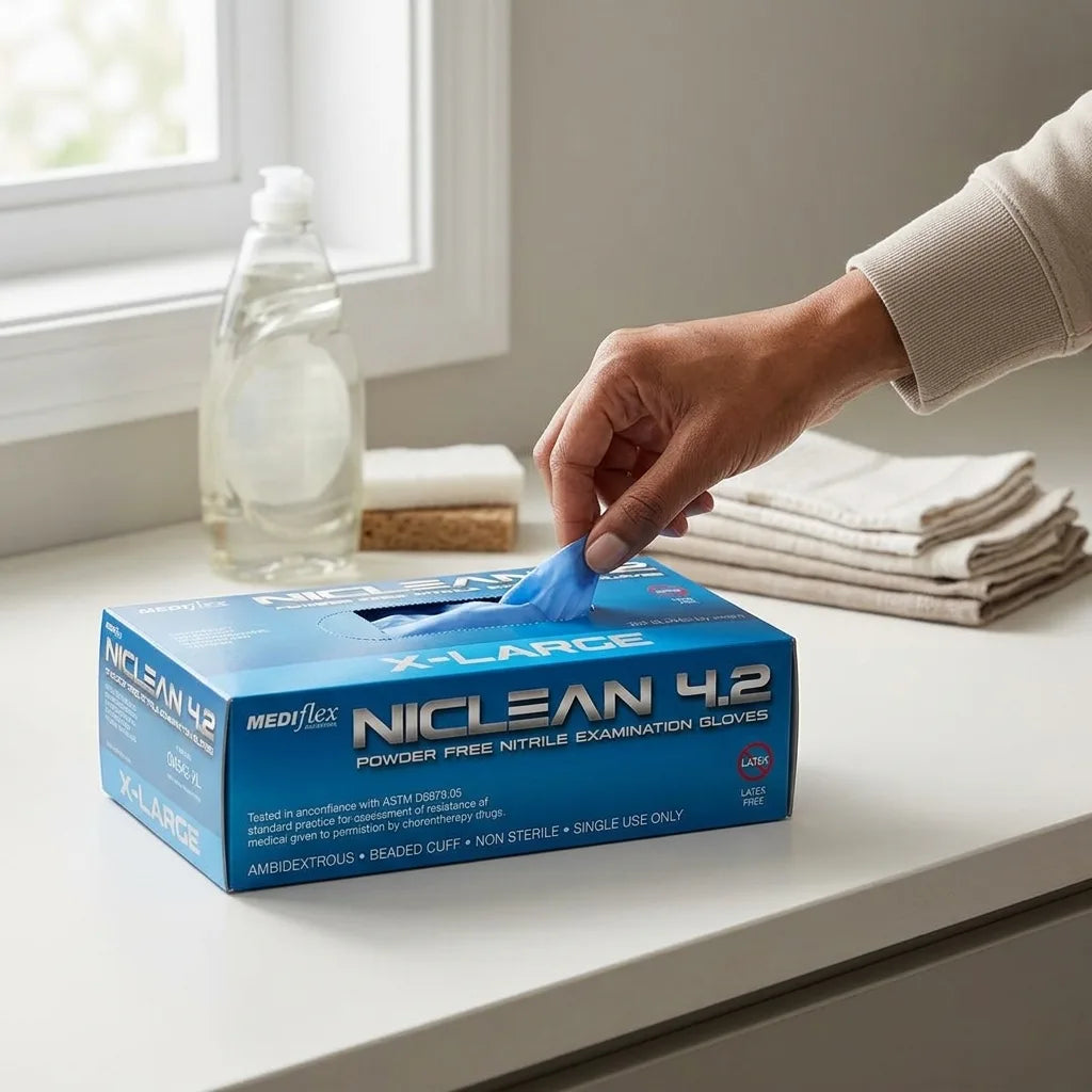 Blue nitrile gloves textured grip Niclean bulk disposable gloves for industrial medical and hygiene applications