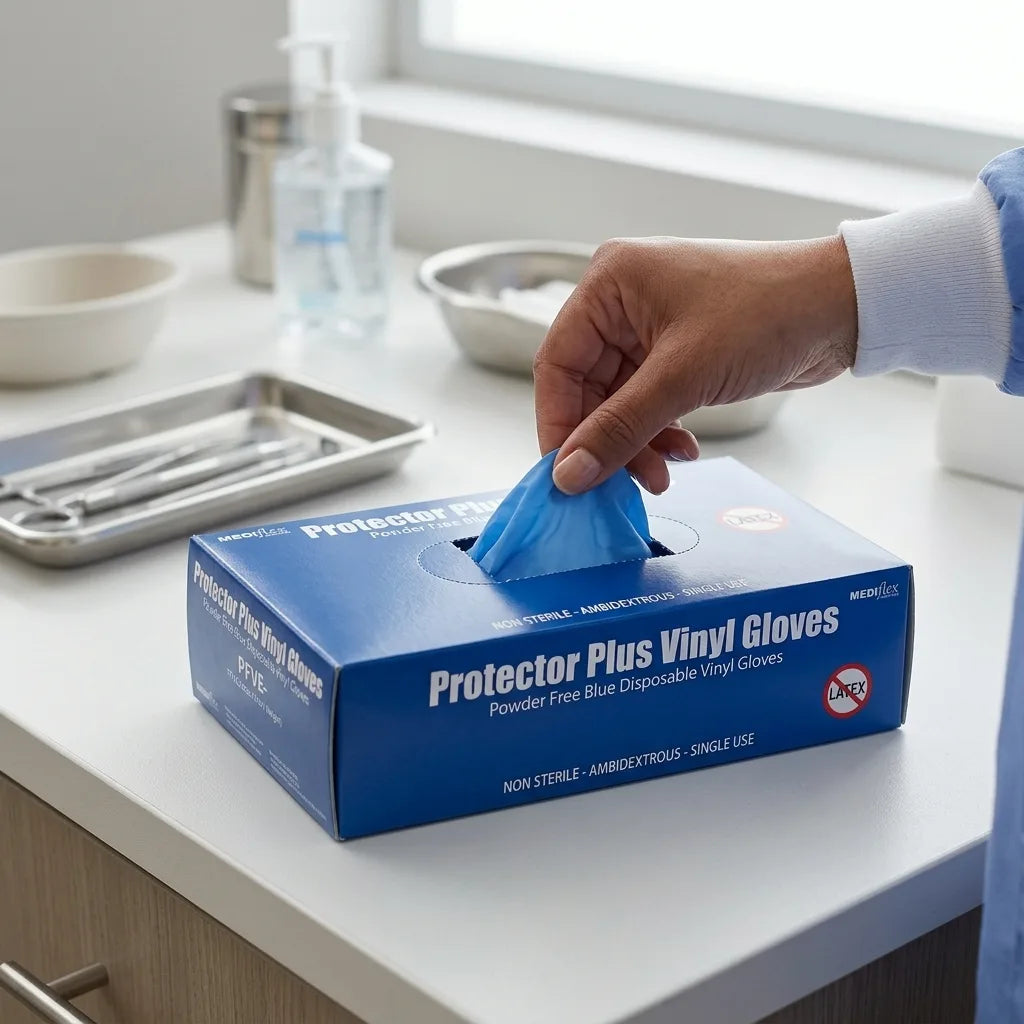 Blue vinyl gloves Protector Plus exam grade disposable gloves bulk for medical food service and janitorial tasks