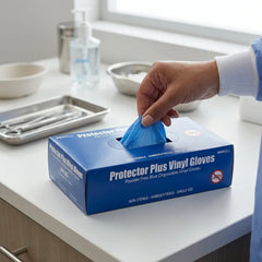 Blue vinyl gloves Protector Plus exam grade disposable gloves bulk for medical food service and janitorial tasks
