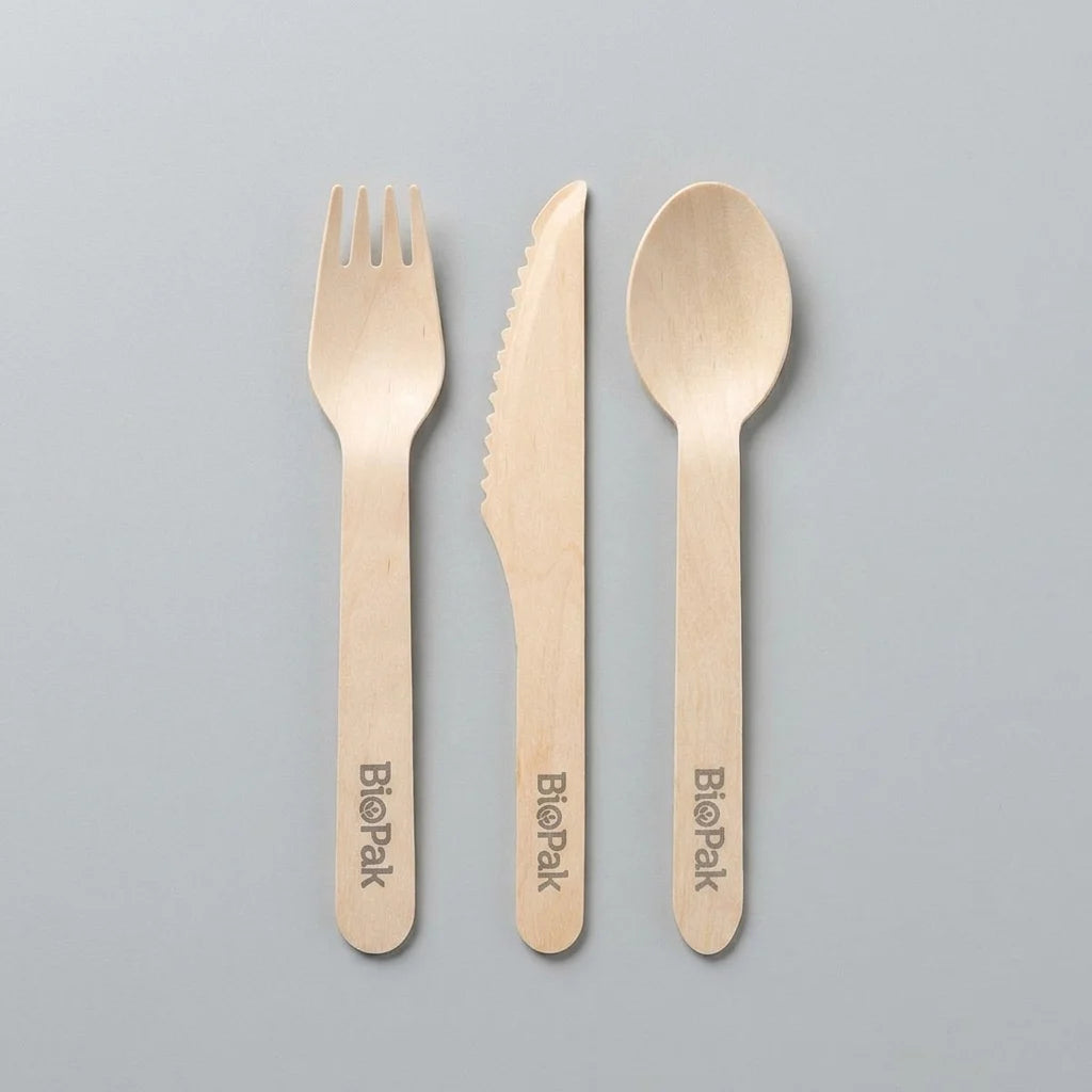 Bulk wholesale carton of four hundred pieces individually wrapped wooden cutlery sets ready for commercial catering distribution.