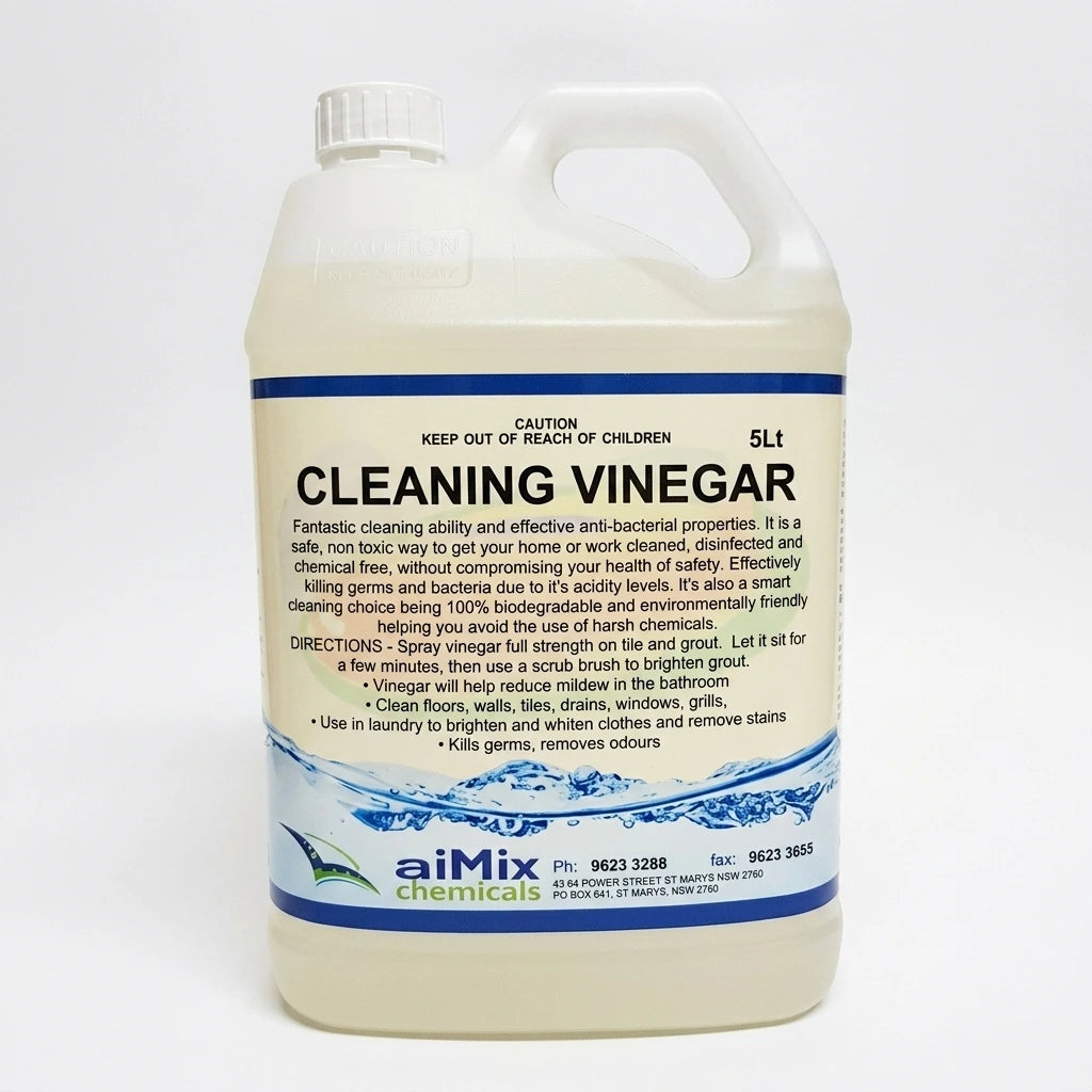 Group of bulk cleaning vinegar containers in 5L and 20L sizes, ideal for commercial janitorial refills in Australia.