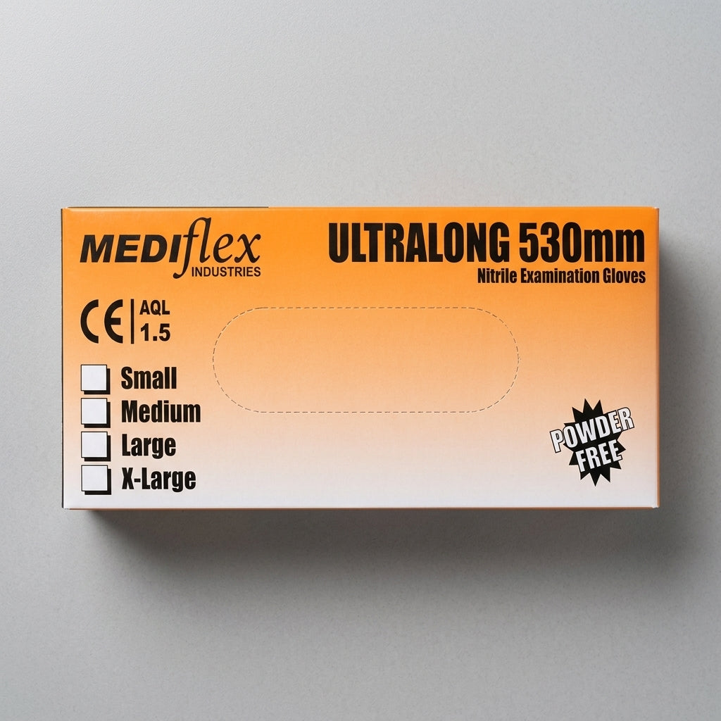 Close-up of Ultralong 530 nitrile gauntlets showing textured surface for grip in deep-reach medical or laboratory tasks.