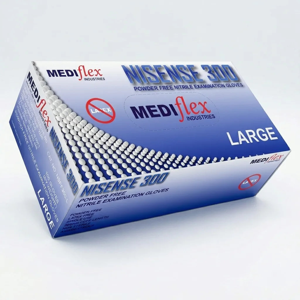 Latex-free Nisense 300 nitrile gloves tested for use with chemotherapy drugs and chemical resistance.