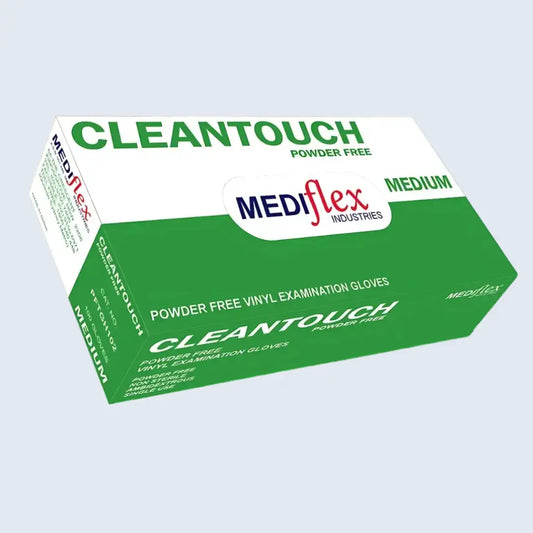 Clear disposable CleanTouch vinyl gloves for food handling and cleaning tasks.