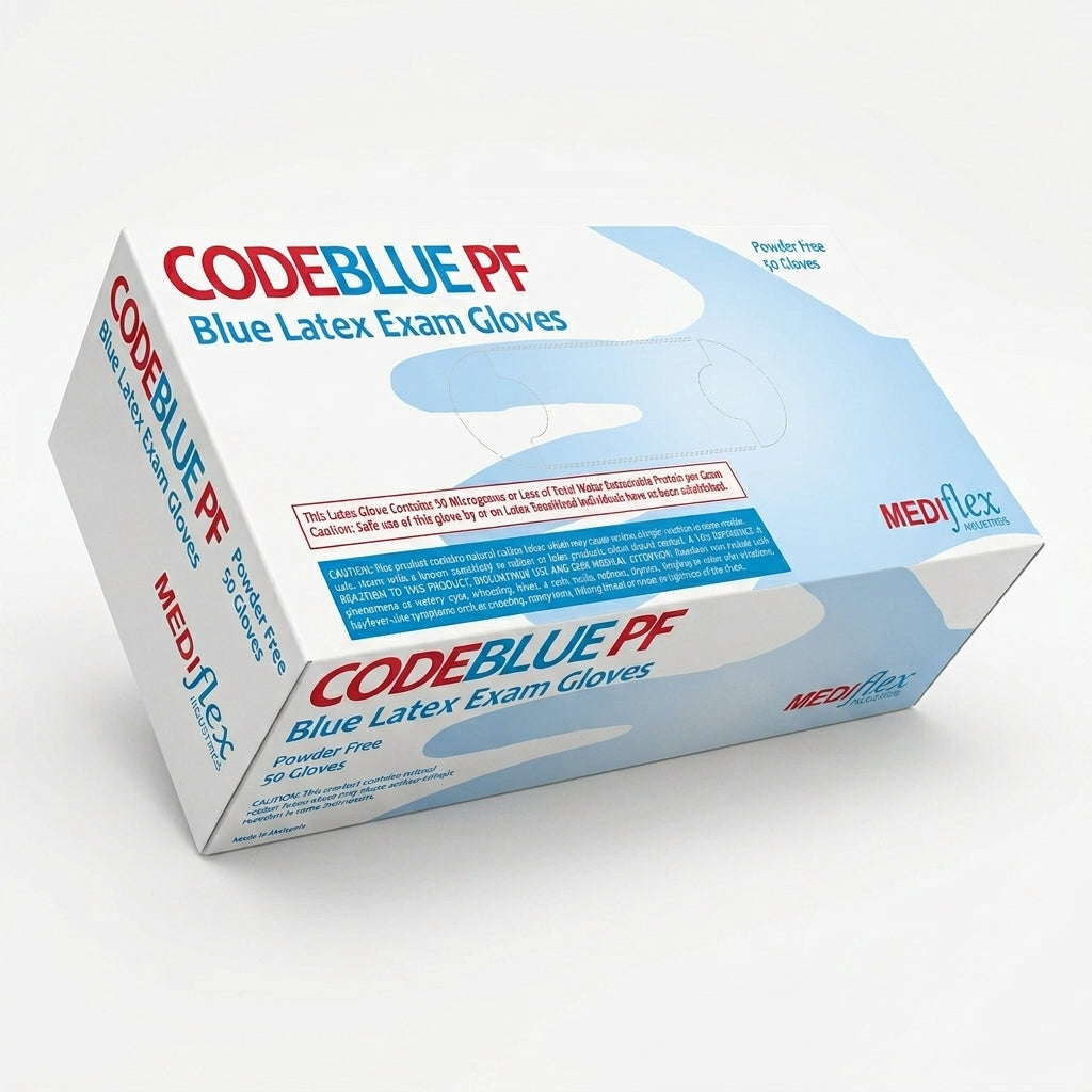 Code Blue powder-free latex examination gloves in blue packaging, medical-grade protection.
