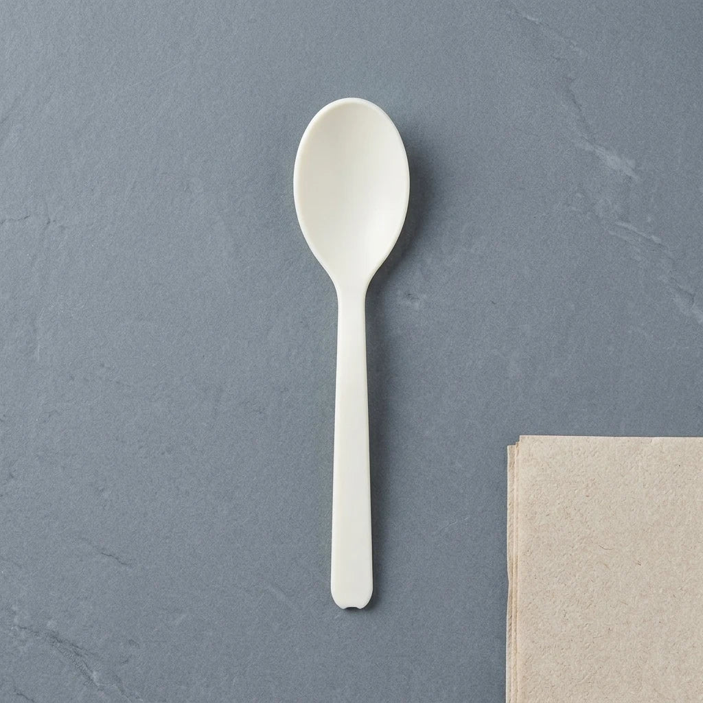 Compostable PLA spoons packed in a transparent one hundred piece hygiene sleeve for easy counter restocking.