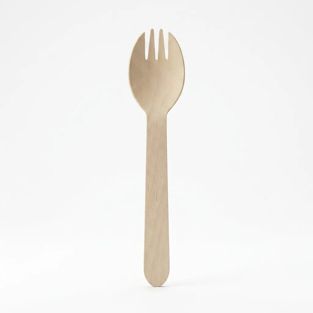 Eco friendly wooden spork disposable food utensil for takeaway meals picnics and food delivery