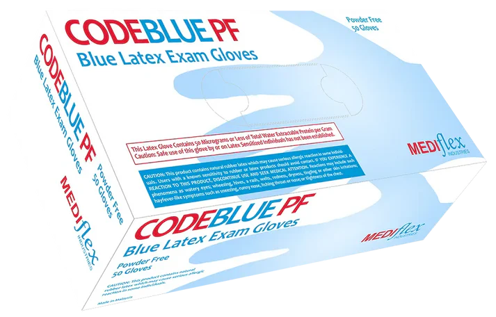 Pair of Code Blue textured blue latex gloves, powder-free and high-tensile strength for clinical examination.