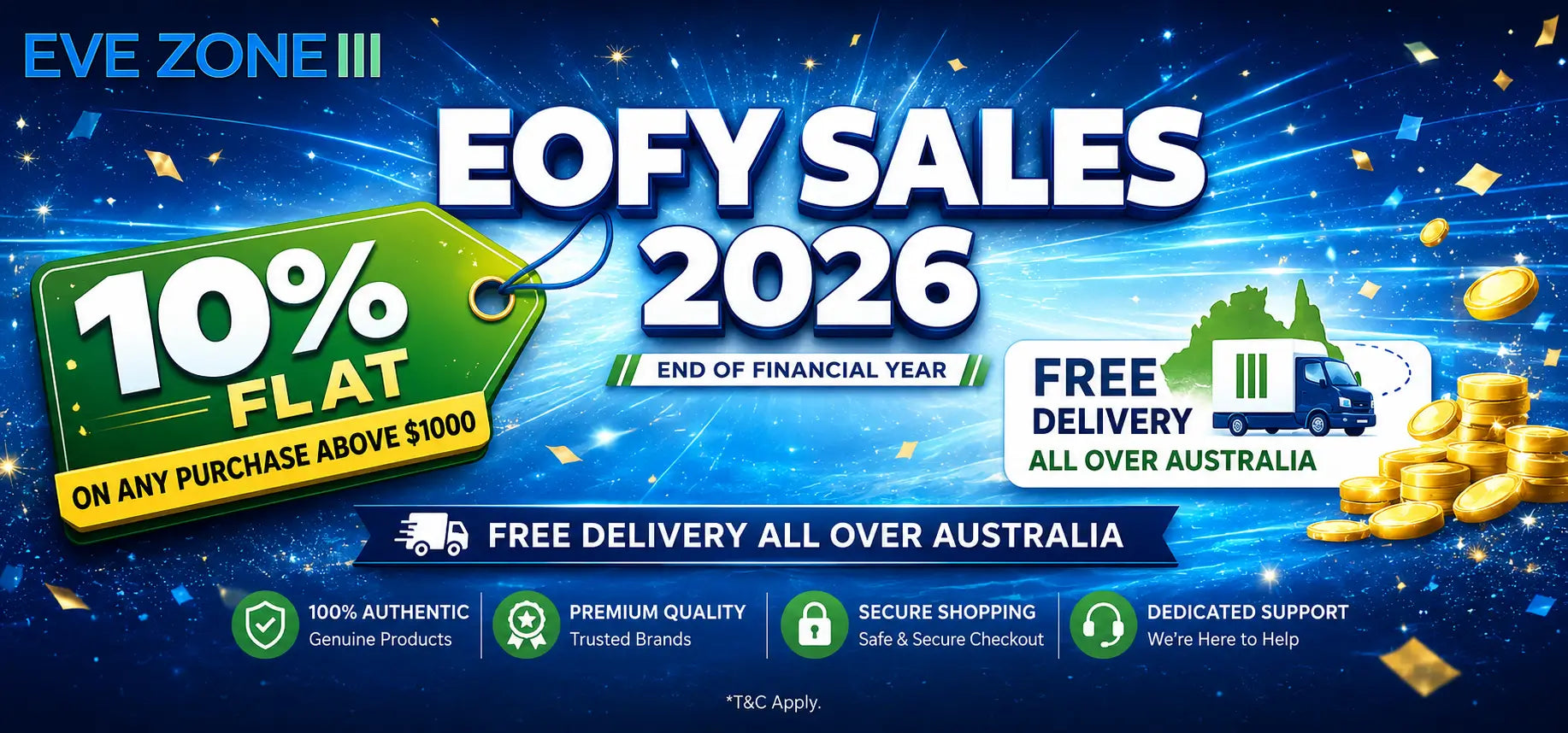 Promotional banner for EOFY Sales 2026 with 10% flat discount, free delivery, and other offers on a blue background.