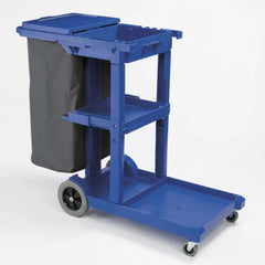 Eve Zone commercial janitorial cleaning trolley cart with heavy duty shelves and a yellow waste vinyl bag.