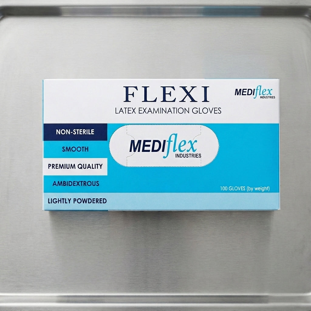 Flexi latex gloves lightly powdered easy wear medical grade disposable gloves for clinics cleaning and general purpose tasks